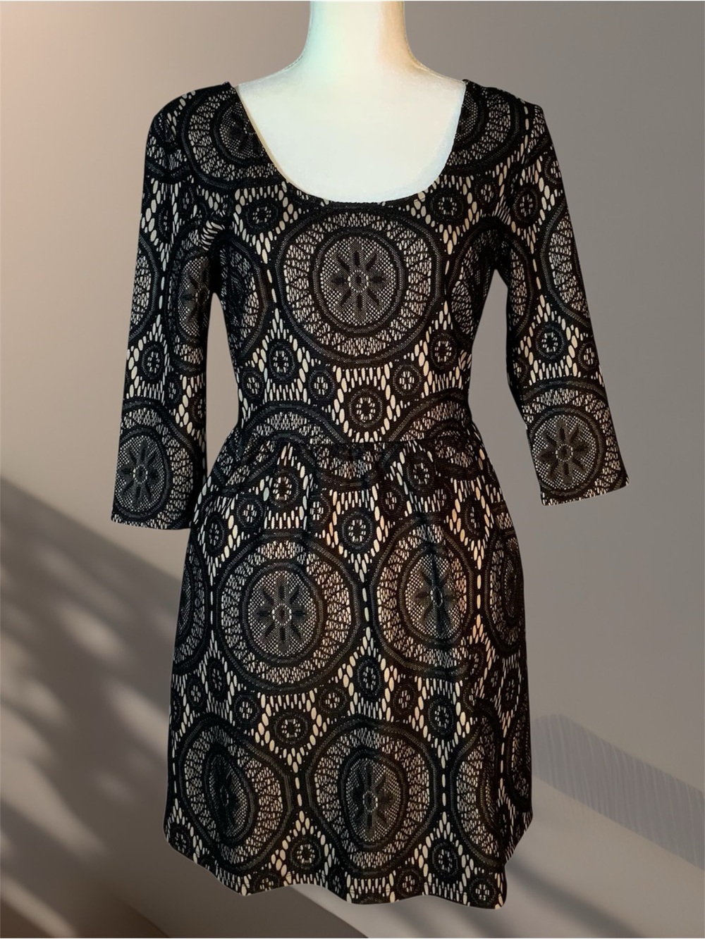 Accidentally In Love Black Lace Over Nude Scoop 3/4 Sleeve Dress